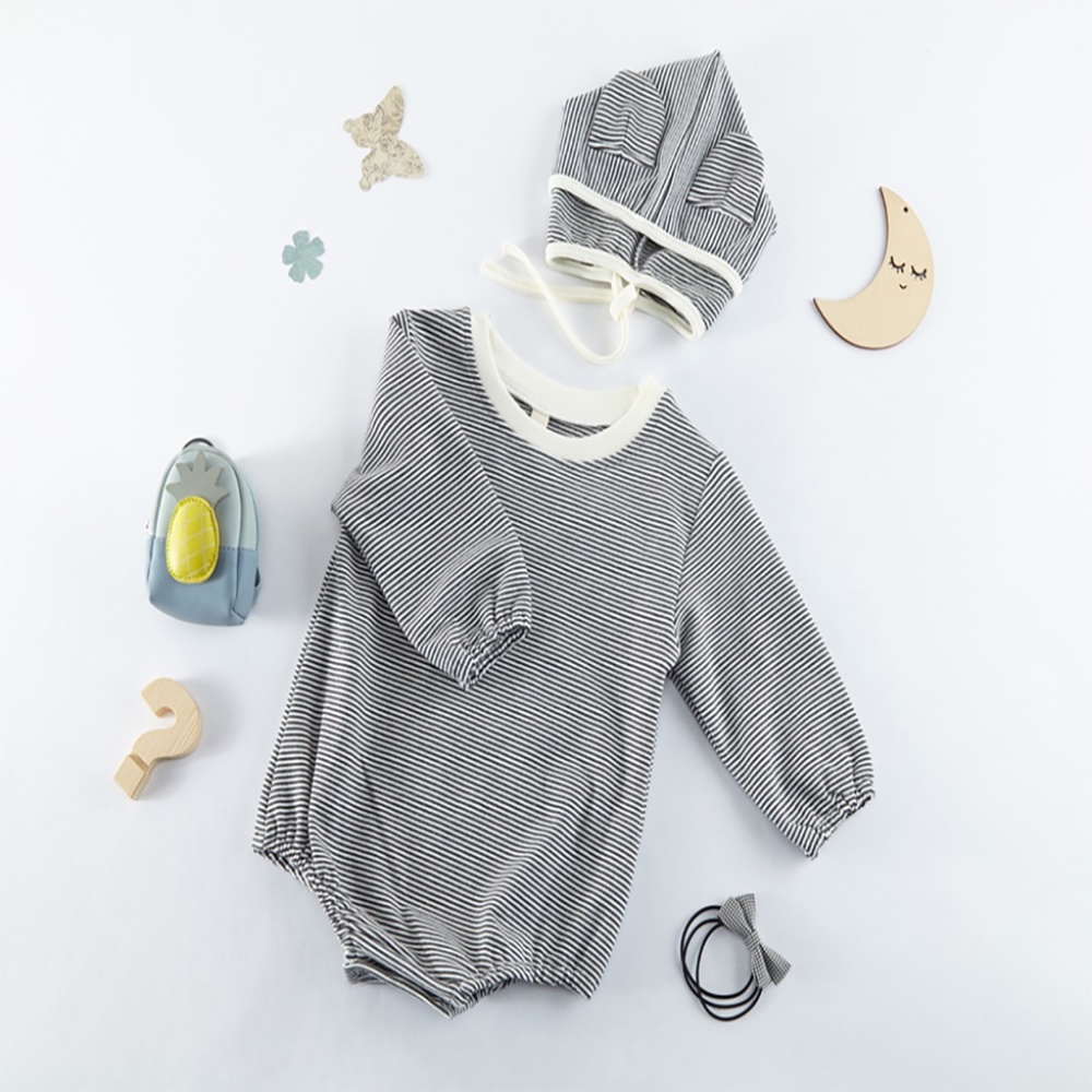 Baby Striped Long Sleeve Romper Hat Set Black